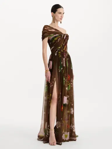 Oscar de la Renta Mixed Botanical Silk Chiffon Gown | Thumbnail 4