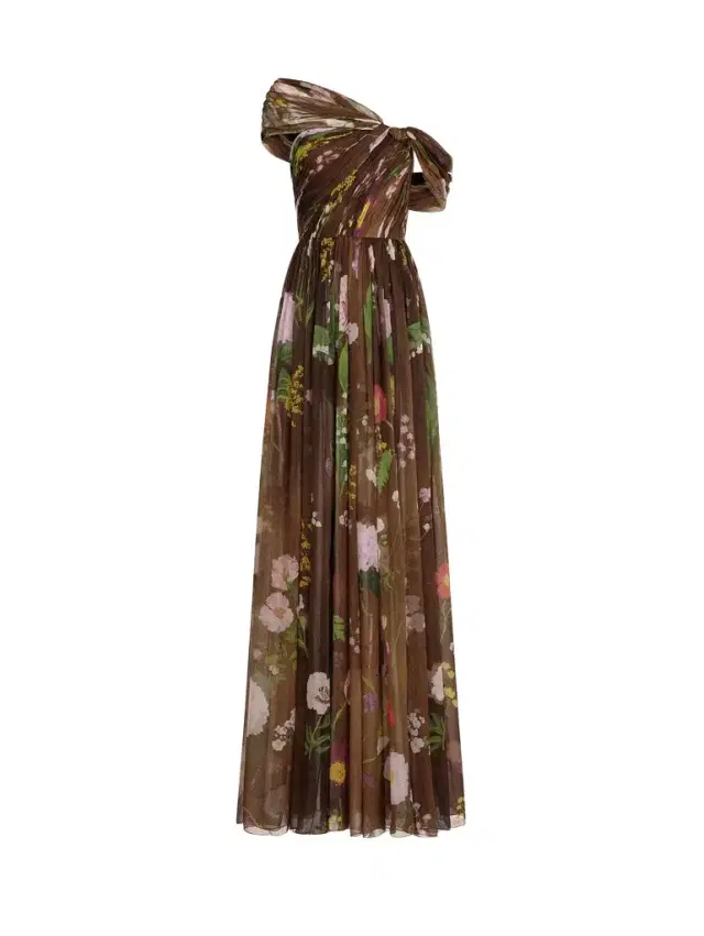 Oscar de la Renta Mixed Botanical Silk Chiffon Gown