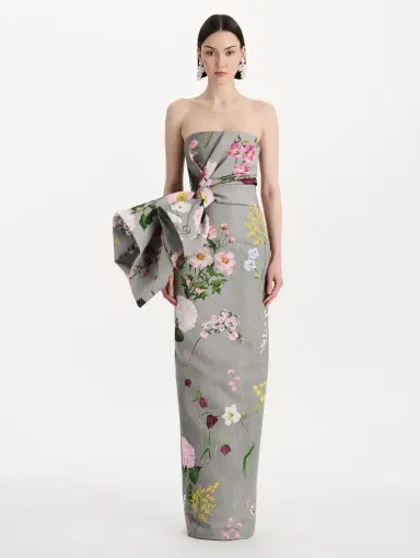Oscar de la Renta Mixed Botanical Drape-Detailed Faille Gown | Thumbnail 2