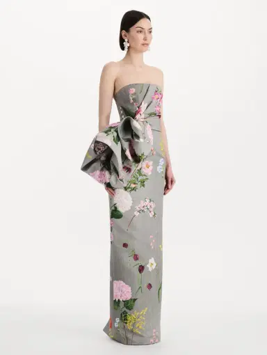 Oscar de la Renta Mixed Botanical Drape-Detailed Faille Gown | Thumbnail 4