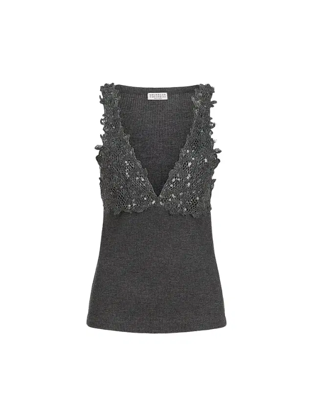 Brunello Cucinelli Women's Ribbed Wool Jersey Top with Dazzling Lace Embroidery