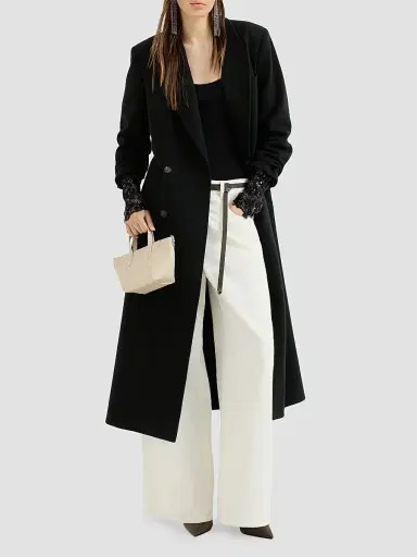 Brunello Cucinelli Women's Ribbed Wool Jersey Sweater with Dazzling Lace Embroidery Cuffs | Thumbnail 2
