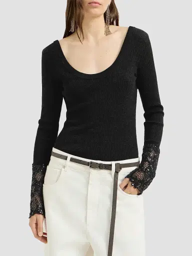 Brunello Cucinelli Women's Ribbed Wool Jersey Sweater with Dazzling Lace Embroidery Cuffs | Thumbnail 3