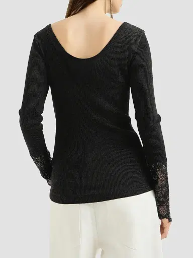 Brunello Cucinelli Women's Ribbed Wool Jersey Sweater with Dazzling Lace Embroidery Cuffs | Thumbnail 4