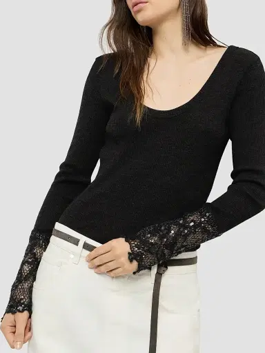 Brunello Cucinelli Women's Ribbed Wool Jersey Sweater with Dazzling Lace Embroidery Cuffs | Thumbnail 5
