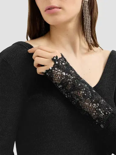Brunello Cucinelli Women's Ribbed Wool Jersey Sweater with Dazzling Lace Embroidery Cuffs | Thumbnail 6