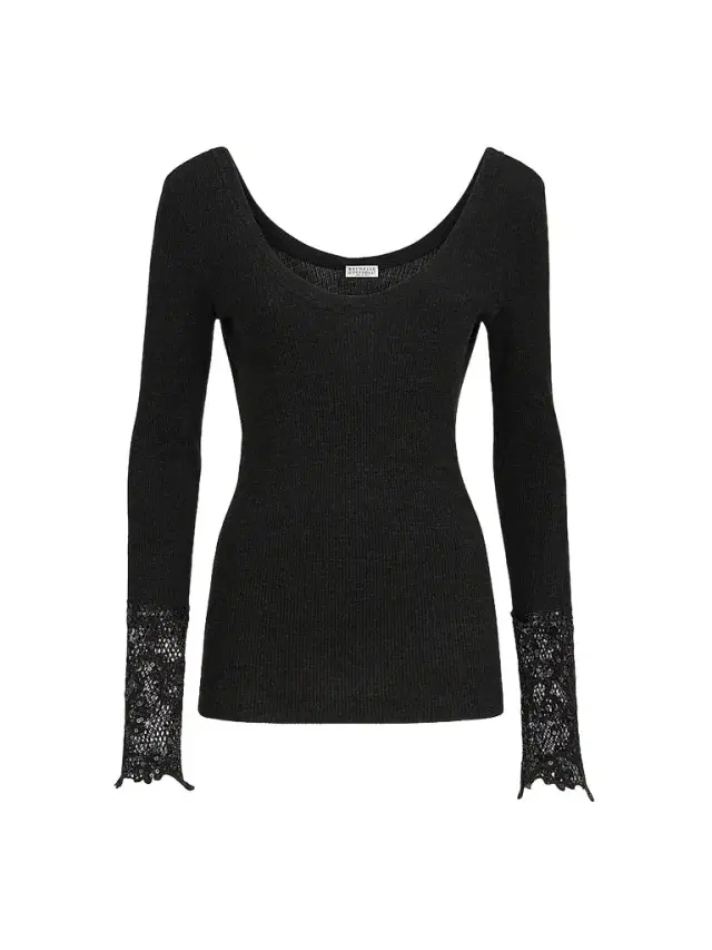 Brunello Cucinelli Women's Ribbed Wool Jersey Sweater with Dazzling Lace Embroidery Cuffs