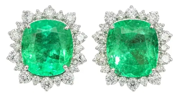 Wish Fine Jewelry 12.14ct Diamond Emerald 18K Gold Halo Stud Earrings