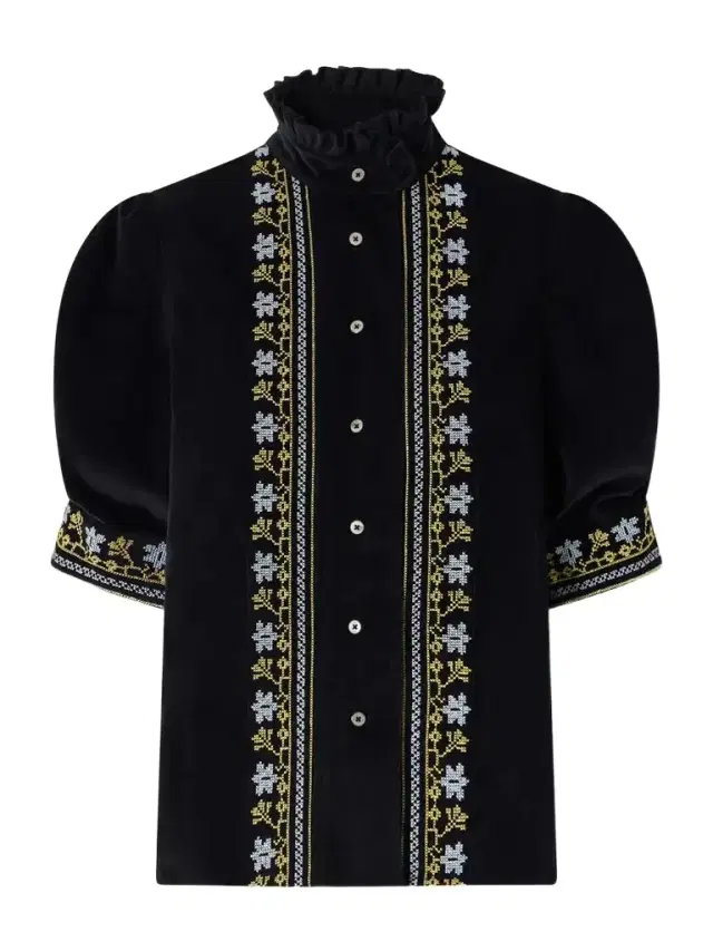 Thierry Colson Vita Embroidered Cotton And Wool-blend Corduroy Blouse
