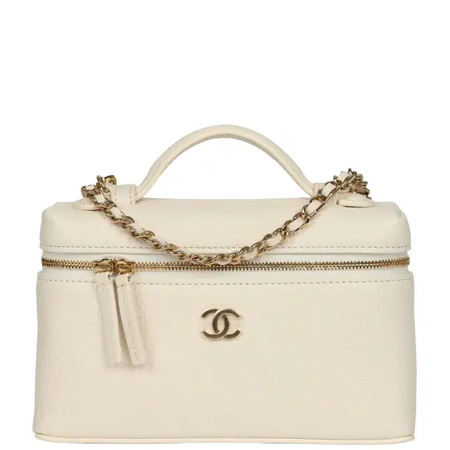Chanel "Supple" Top Handle Long Vanity Case with Chain White Grained Calfskin Gold Hardware