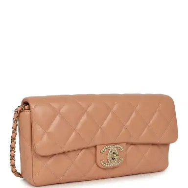 Chanel Chanel East West CC Pearl Clutch with Chain Beige Shiny Lambskin Gold Hardware | Thumbnail 2