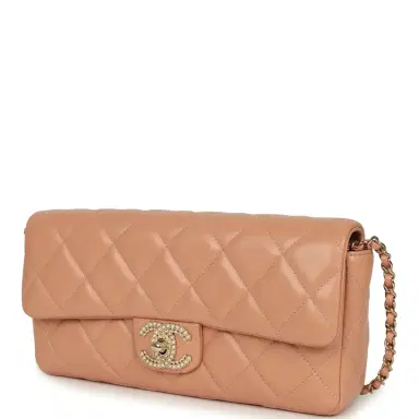 Chanel Chanel East West CC Pearl Clutch with Chain Beige Shiny Lambskin Gold Hardware | Thumbnail 5