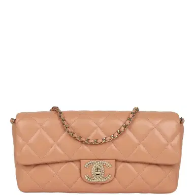Chanel Chanel East West CC Pearl Clutch with Chain Beige Shiny Lambskin Gold Hardware | Thumbnail 1