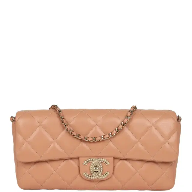 Chanel Chanel East West CC Pearl Clutch with Chain Beige Shiny Lambskin Gold Hardware