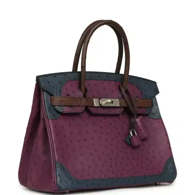 HERMÈS Hermes Birkin Ghillies 30 Violet, Bleu De Malte, Chocolat Ostrich Palladium Hardware | Thumbnail 2 HERMÈS Hermes Birkin Ghillies 30 Violet, Bleu De Malte, Chocolat Ostrich Palladium Hardware | Thumbnail 2