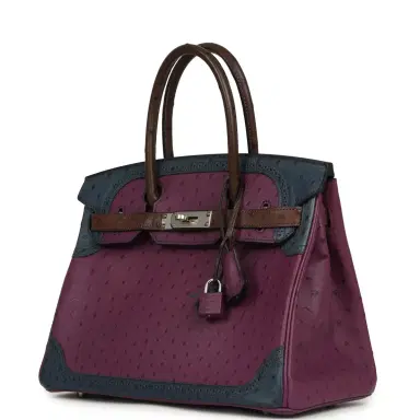 HERMÈS Hermes Birkin Ghillies 30 Violet, Bleu De Malte, Chocolat Ostrich Palladium Hardware | Thumbnail 5 HERMÈS Hermes Birkin Ghillies 30 Violet, Bleu De Malte, Chocolat Ostrich Palladium Hardware | Thumbnail 5
