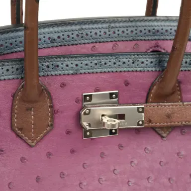 HERMÈS Hermes Birkin Ghillies 30 Violet, Bleu De Malte, Chocolat Ostrich Palladium Hardware | Thumbnail 7 HERMÈS Hermes Birkin Ghillies 30 Violet, Bleu De Malte, Chocolat Ostrich Palladium Hardware | Thumbnail 7