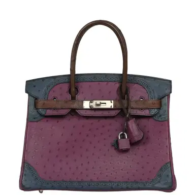HERMÈS Hermes Birkin Ghillies 30 Violet, Bleu De Malte, Chocolat Ostrich Palladium Hardware | Thumbnail 1 HERMÈS Hermes Birkin Ghillies 30 Violet, Bleu De Malte, Chocolat Ostrich Palladium Hardware | Thumbnail 1