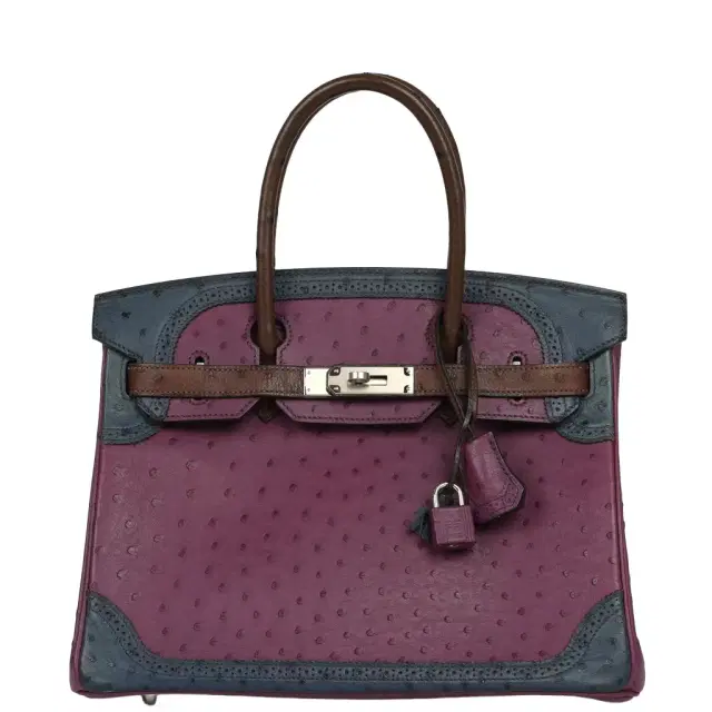HERMÈS Hermes Birkin Ghillies 30 Violet, Bleu De Malte, Chocolat Ostrich Palladium Hardware