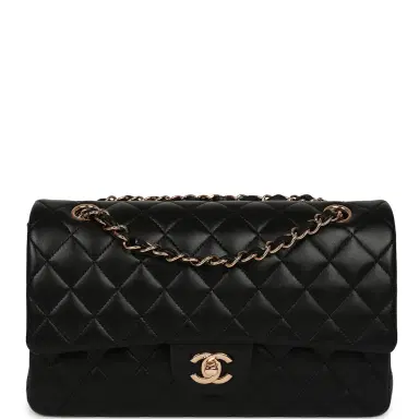Chanel Pre-owned Chanel Medium Classic Double Flap Black Lambskin Rose Gold Hardware | Thumbnail 1 Chanel Pre-owned Chanel Medium Classic Double Flap Black Lambskin Rose Gold Hardware | Thumbnail 1