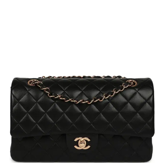 Pre-owned Chanel Medium Classic Double Flap Black Lambskin Rose Gold Hardware Pre-owned Chanel Medium Classic Double Flap Black Lambskin Rose Gold Hardware