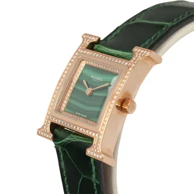 HERMÈS Pre-owned Hermes Heure H Watch S Vert Shiny Alligator, Malachite, Diamonds, Rose Gold | Thumbnail 3 HERMÈS Pre-owned Hermes Heure H Watch S Vert Shiny Alligator, Malachite, Diamonds, Rose Gold | Thumbnail 3