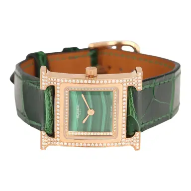 HERMÈS Pre-owned Hermes Heure H Watch S Vert Shiny Alligator, Malachite, Diamonds, Rose Gold | Thumbnail 7 HERMÈS Pre-owned Hermes Heure H Watch S Vert Shiny Alligator, Malachite, Diamonds, Rose Gold | Thumbnail 7