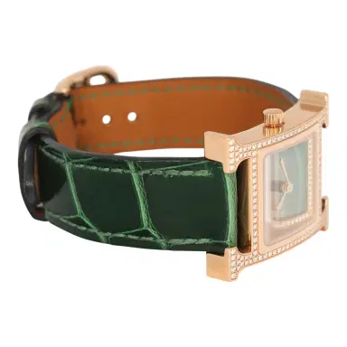 HERMÈS Pre-owned Hermes Heure H Watch S Vert Shiny Alligator, Malachite, Diamonds, Rose Gold | Thumbnail 9 HERMÈS Pre-owned Hermes Heure H Watch S Vert Shiny Alligator, Malachite, Diamonds, Rose Gold | Thumbnail 9
