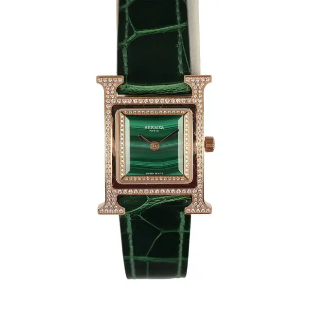 HERMÈS Pre-owned Hermes Heure H Watch S Vert Shiny Alligator, Malachite, Diamonds, Rose Gold