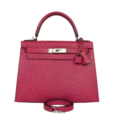 HERMÈS Pre-owned Hermes Kelly Sellier 28 Rose Poupre Ostrich Palladium Hardware | Thumbnail 1 HERMÈS Pre-owned Hermes Kelly Sellier 28 Rose Poupre Ostrich Palladium Hardware | Thumbnail 1