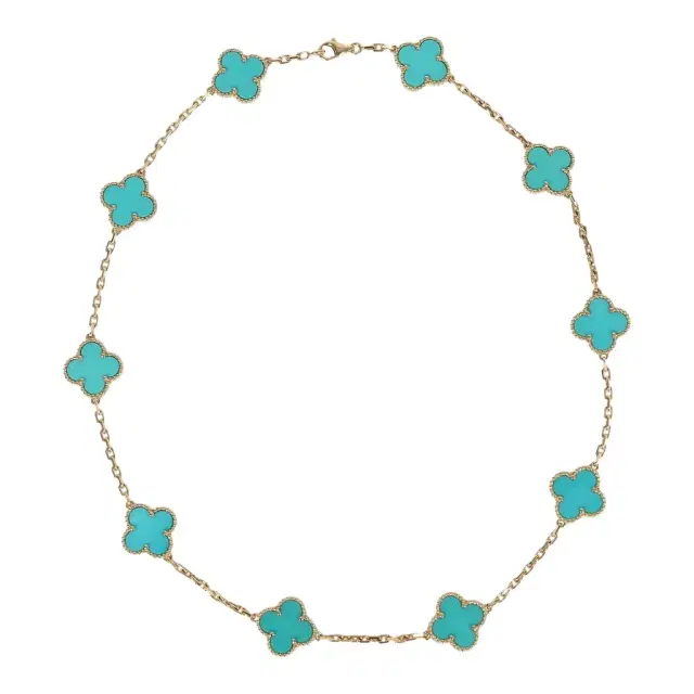 Van Cleef & Arpels Pre-owned Van Cleef & Arpels Vintage Alhambra 10 Motif Necklace Turquoise 18K Yellow Gold Hardware