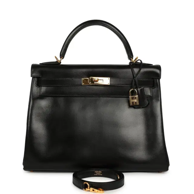 HERMÈS Vintage Hermes Kelly Retourne 32 Black Box Gold Hardware
