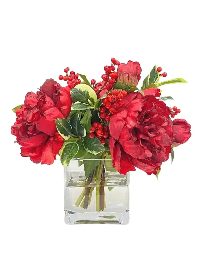 Winward Home Holiday Newness Cube Vase Faux Peony Arrangement