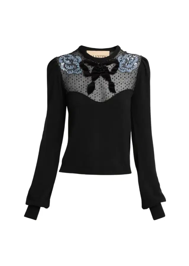 Valentino Garavani Beaded Floral Sheer Bust Wool Sweater