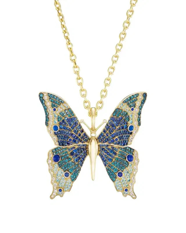 GRACE WINFREY 18K Yellow Gold Morpho Butterfly Pendant Necklace With Multi-Stones And Diamonds