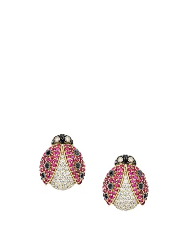 GRACE WINFREY 18K Yellow Gold Pavé Ladybug Button Stud Earrings With Diamonds and Rubies