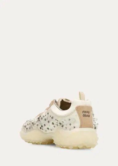 Miu Miu Embellished Suede and Canvas Low-Top Sneakers | Thumbnail 4 Miu Miu Embellished Suede and Canvas Low-Top Sneakers | Thumbnail 4