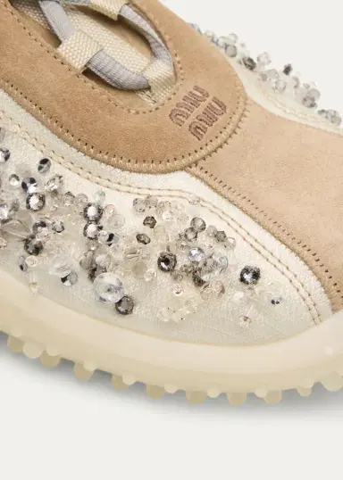 Miu Miu Embellished Suede and Canvas Low-Top Sneakers | Thumbnail 5 Miu Miu Embellished Suede and Canvas Low-Top Sneakers | Thumbnail 5