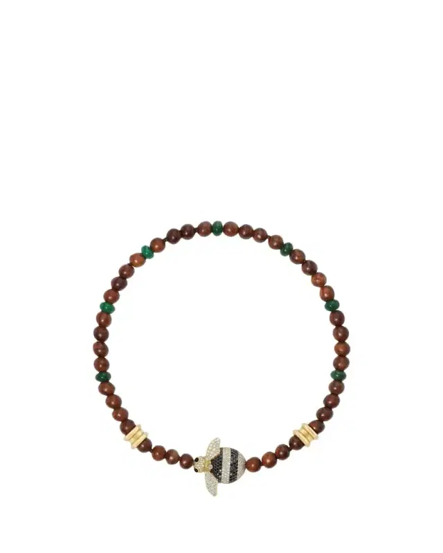 GRACE WINFREY 18K Yellow Gold Poconos Beaded Bee Necklace With Diamonds, Wood, and Green Jade, 15"L