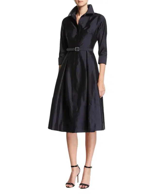 Rickie Freeman for Teri Jon 3/4-Sleeve Belted Midi Shirtdress