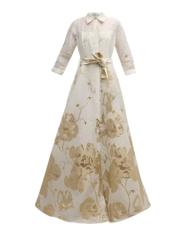 Rickie Freeman for Teri Jon A-Line Metallic Jacquard Shirt Gown