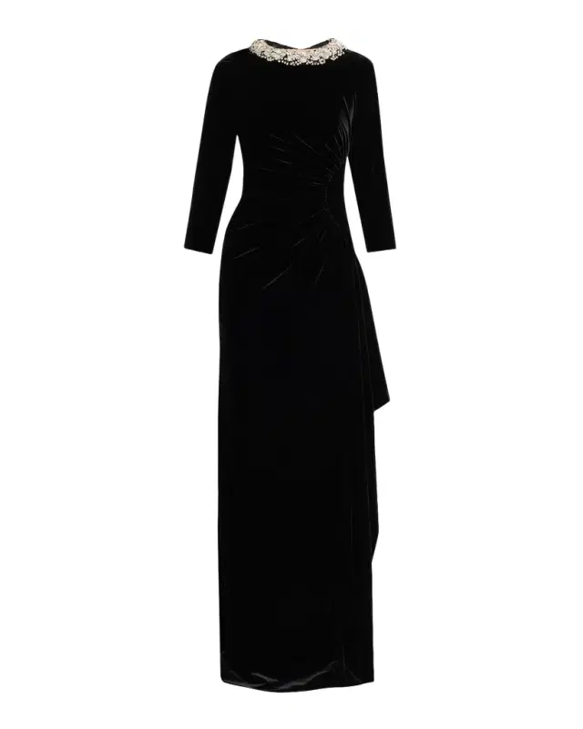 Rickie Freeman for Teri Jon Draped Rhinestone-Collar Velvet Column Gown