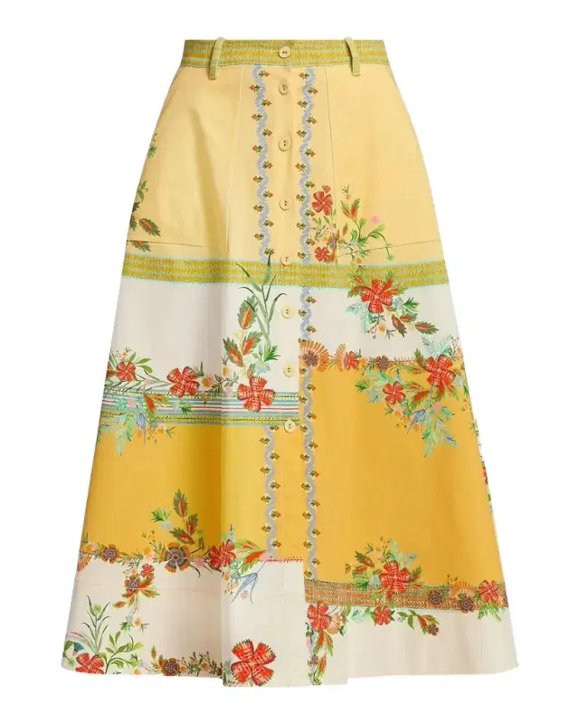 Kali-C Floral Stripe A-Line Midi Skirt