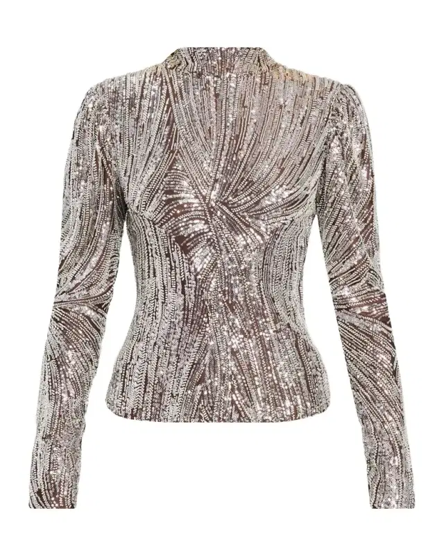 Rabanne Mock-Neck Embellished Satin Long-Sleeve Top