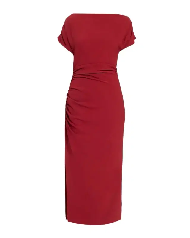 Lela Rose High-Neck Ruched Fluid Crepe Slit Midi Dress