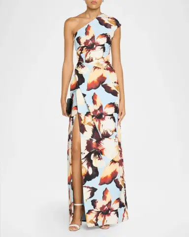 MONIQUE LHUILLIER One-Shoulder Amber Lily Print Slit Column Gown | Thumbnail 2