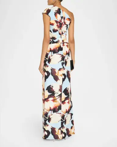 MONIQUE LHUILLIER One-Shoulder Amber Lily Print Slit Column Gown | Thumbnail 3