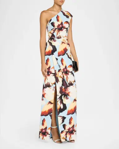 MONIQUE LHUILLIER One-Shoulder Amber Lily Print Slit Column Gown | Thumbnail 4