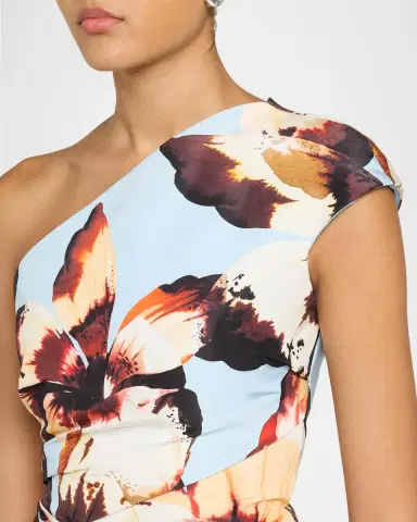 MONIQUE LHUILLIER One-Shoulder Amber Lily Print Slit Column Gown | Thumbnail 5