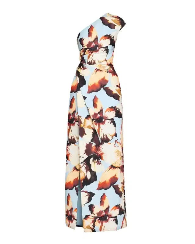MONIQUE LHUILLIER One-Shoulder Amber Lily Print Slit Column Gown
